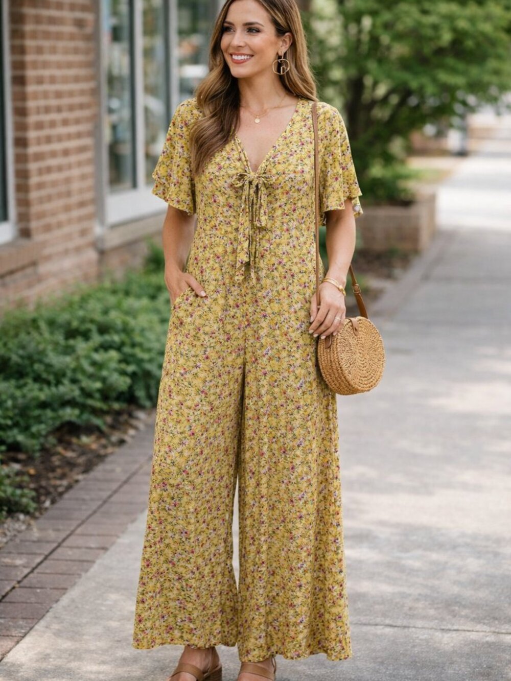 Blue Rain (Francesca's) Yellow Floral Wide Leg Jumpsuit